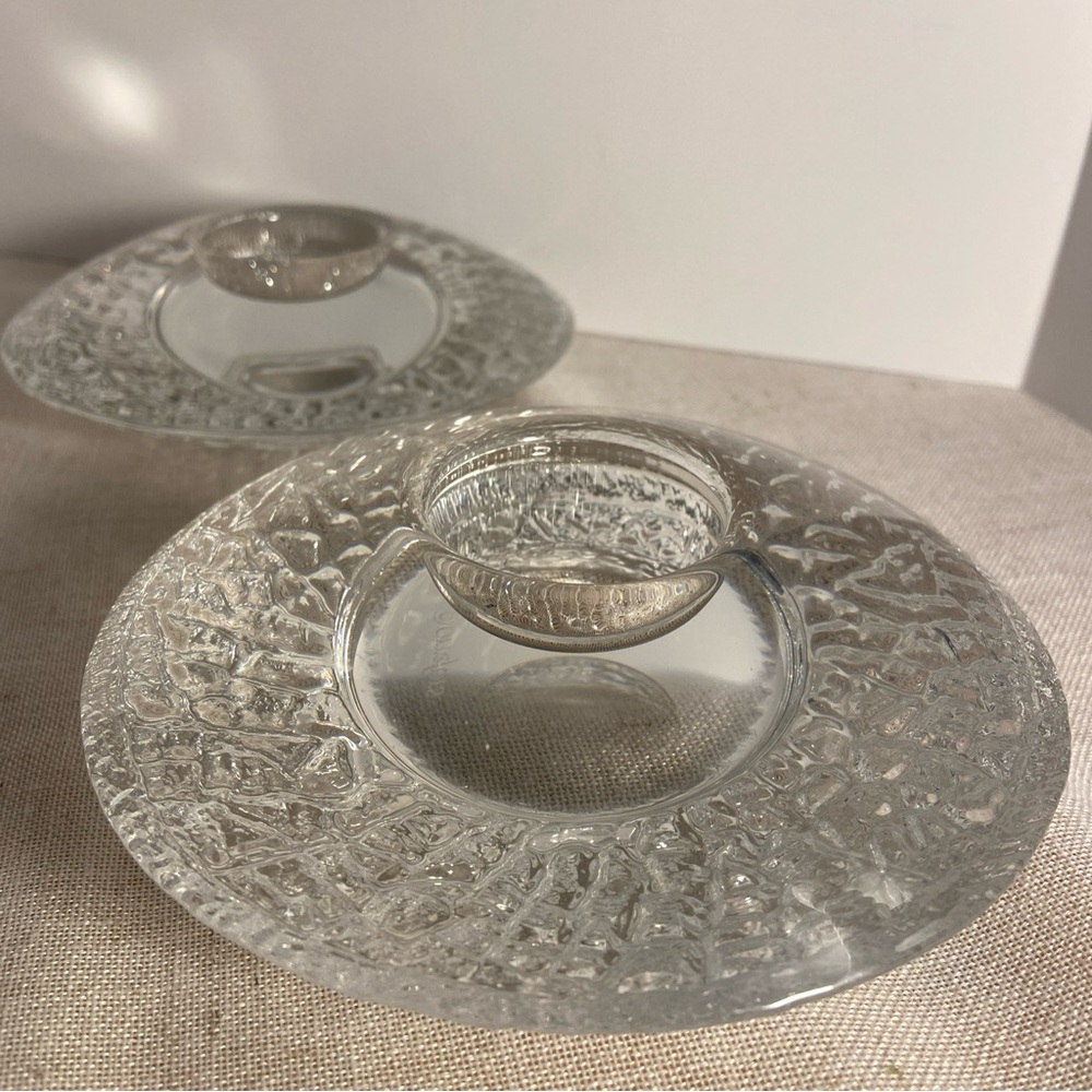 2 vintage Sweden Orrefors Discus Votive crystal candle holders SET Lars Hellsten